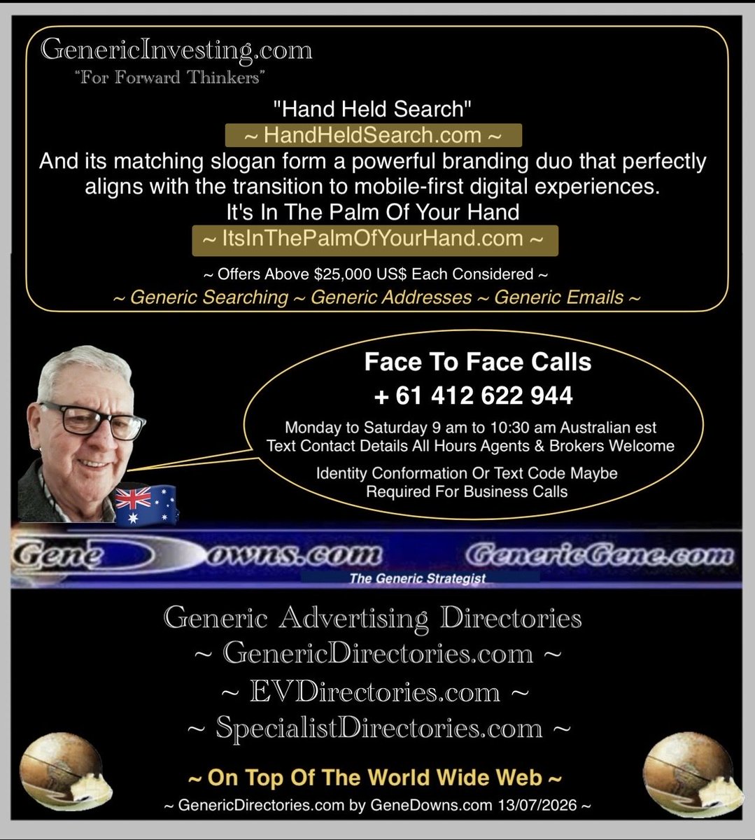 GenericGene's tweet photo. Generic Investing “For Forward Thinkers” https://t.co/C6nJtIf1aY &amp; https://t.co/9B3z4E6alN Offers Above $25,000 US$ each Considered  Generic Searching ~ Generic Addresses ~ Generic Emails by Australian Gene Downs The Generic Strategist > https://t.co/6d0Q66FOeC