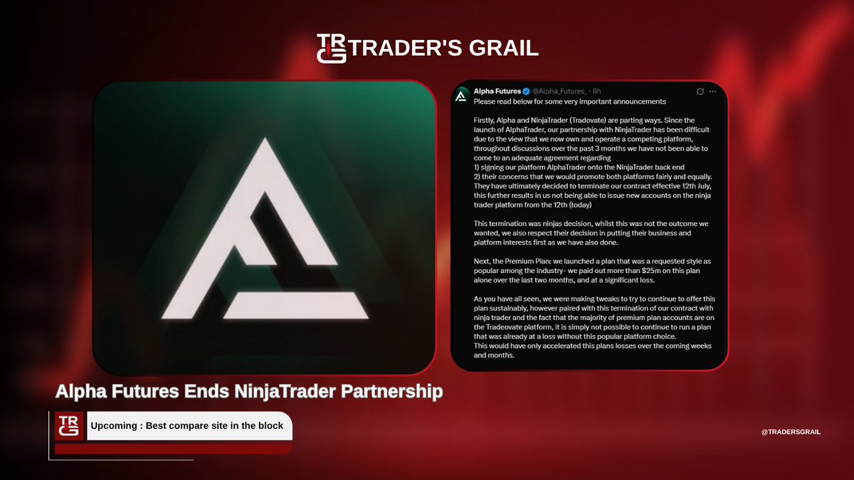 Traders_grail's tweet photo. Alpha Futures is ending NinjaTrader/Tradovate support after NinjaTrader terminated the partnership. Premium Plan accounts will be refunded and closed due to unsustainable losses. 

Other plans continue as normal, with accounts migrating to AlphaTrader.

Was this sudden ? https://t.co/Zg8LVdIgw3