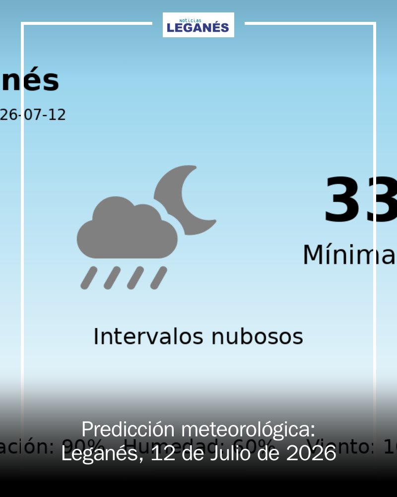 LeganesOn's tweet photo. 📅 ¡Prepárate, Leganés! 🌞 Hoy, 12 de julio, esperamos temperaturas de hasta 33°C con un 90% de probabilidad de lluvia en la tarde. ¡No olvides tu paraguas! ☔️ Mantente hidratado y alerta a los cambios. #Leganés #Clima #Tiempo2026 https://t.co/PhAVZSkLCI https://t.co/c0q0ch5Df3