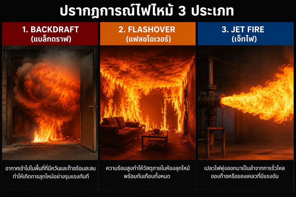 Mr_Whathapened's tweet photo. ลักษณะการไหม้บอกอะไรเราได้บ้าง
📷 #Backdraft
ลำดับการเกิดคือ ไฟไหม้ → ห้องปิด → O₂ ลดลง → การเผาไหม้ไม่สมบูรณ์ → แก๊สเชื้อเพลิงสะสม → เปิดประตู/หน้าต่าง → O₂ ไหลเข้า → เกิดการเผาไหม้รุนแรง
สัญญาณเตือน: ควันหนาเข้มไหลเป็นจังหวะ ควันดันออกตามรอยแยก กระจกมีคราบเขม่า เปลวไฟน้อยหรือมองไม่เห็น และอากาศอาจถูกดูดเข้าช่องเปิด
📷 : ปัญหาหลักไม่ใช่แค่ความร้อน แต่คือ ส่วนผสมของเชื้อเพลิงกับออกซิเจนเปลี่ยนเข้าสู่ช่วงที่ติดไฟได้
📷 #Flashover
ลำดับคือ ไฟเริ่มต้น → ความร้อนเพิ่ม → ชั้นควันร้อนสะสมด้านบน → แผ่รังสีความร้อนลงด้านล่าง → วัสดุคายไอเชื้อเพลิง → เกิดการติดไฟทั่วห้อง
สัญญาณเตือน: อุณหภูมิเพิ่มอย่างรวดเร็ว ชั้นควันลดต่ำลง เกิด rollover/flameover บริเวณชั้นควัน และความร้อนรุนแรงขึ้นอย่างรวดเร็ว
📷 : เป็นการเปลี่ยนจาก ไฟเฉพาะจุด (localized fire) ไปสู่ เพลิงไหม้เต็มพื้นที่ (fully developed fire)
📷 #Jet Fire
ลำดับคือ ถังหรือท่อมีแรงดัน → เกิดการรั่ว → เชื้อเพลิงพุ่งออก → ผสมกับอากาศ → พบแหล่งจุดติด → เปลวไฟพุ่งเป็นลำ
ตัวอย่างเช่น LPG, Hydrogen หรือก๊าซไฮโดรคาร์บอนในระบบอุตสาหกรรม
📷 : ความรุนแรงขึ้นกับ แรงดัน ขนาดรูรั่ว ชนิดเชื้อเพลิง และทิศทางของเจ็ต จุดอันตรายสำคัญคือการแผ่รังสีความร้อนและเปลวไฟที่พุ่งกระทบถังหรือโครงสร้างข้างเคียง