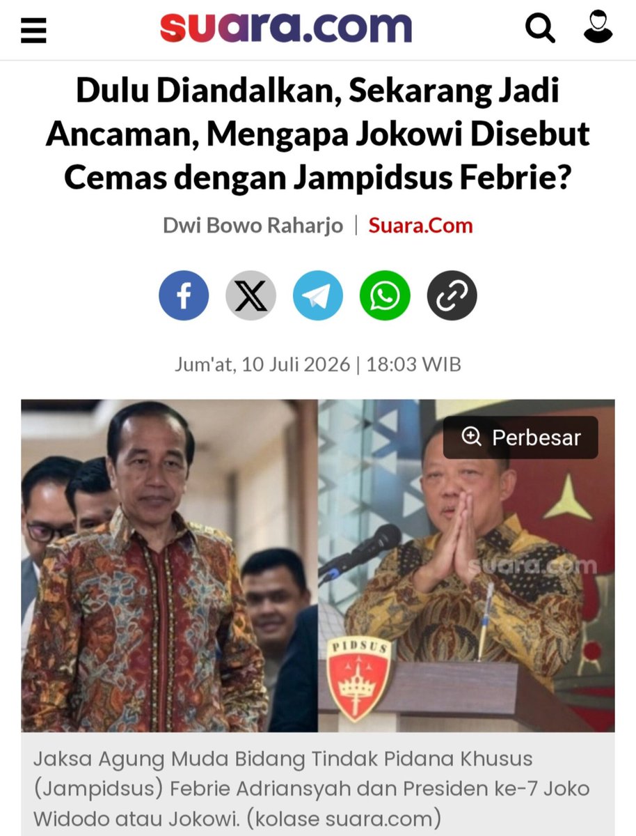 Srik4ndiMuslim2's tweet photo. Jokowi cemas pada siapapun yang menegakkan hukum karena dia punya kesalahan banyak selama 10 tahun menjabat. 
#JokowiTakutKePengadilan 

10/7/2026:
"Dulu Diandalkan, Sekarang Jadi Ancaman, Mengapa Jokowi Disebut Cemas dengan Jampidsus Febrie?"
#JokowiTakutKePengadilan https://t.co/eY22sRQOzN
