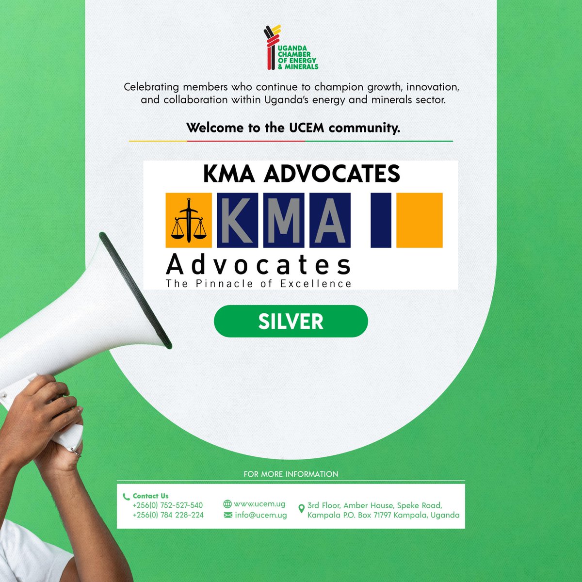 UgandaChamber's tweet photo. 🚨Please join us in welcoming KMA Advocates @kma_advocates to the Uganda Chamber of Energy and Minerals #UCEM as a Silver Member.

As one of Uganda's leading law firms, KMA Advocates brings valuable legal expertise that supports the continued growth, investment, and sustainability of the energy and minerals sector. We look forward to a strong partnership built on collaboration and shared progress.

Welcome to the UCEM community!
