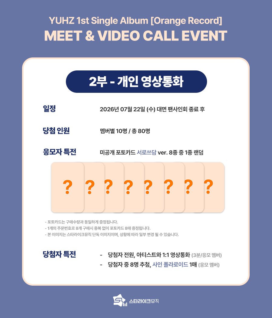 starlikemusicco's tweet photo. 📢
YUHZ 1st Single Album [Orange Record] 
MEET & 1:1 VIDEO CALL EVENT 

🗓 응모기간 : ~ 07.15(수) 23:59(KST)

✨ 당첨자 특전
⭐대면 : 추첨 아티스트와 1:1 폴라로이드 촬영 및 꾸미기(5분/멤버선택) / 추첨 사인 폴라로이드 / 전원 사인 포토카드
📱영통 : 전원 아티스트와 1:1 영상통화(3분) / 추첨 사인 폴라로이드

🎁 응모자 특전
미공개 포토카드 8종 중 1종 증정
➡️ 대면 : 하이앵글 ver.
➡️ 영통 : 서로쓰담 ver.

🔗KOR : https://t.co/9o1VUQH1Xq
🔗ENG : https://t.co/tyKcobUDRU
🔗JPN : https://t.co/SllxMpNrmn

#YUHZ #유어즈
#Orange_Record