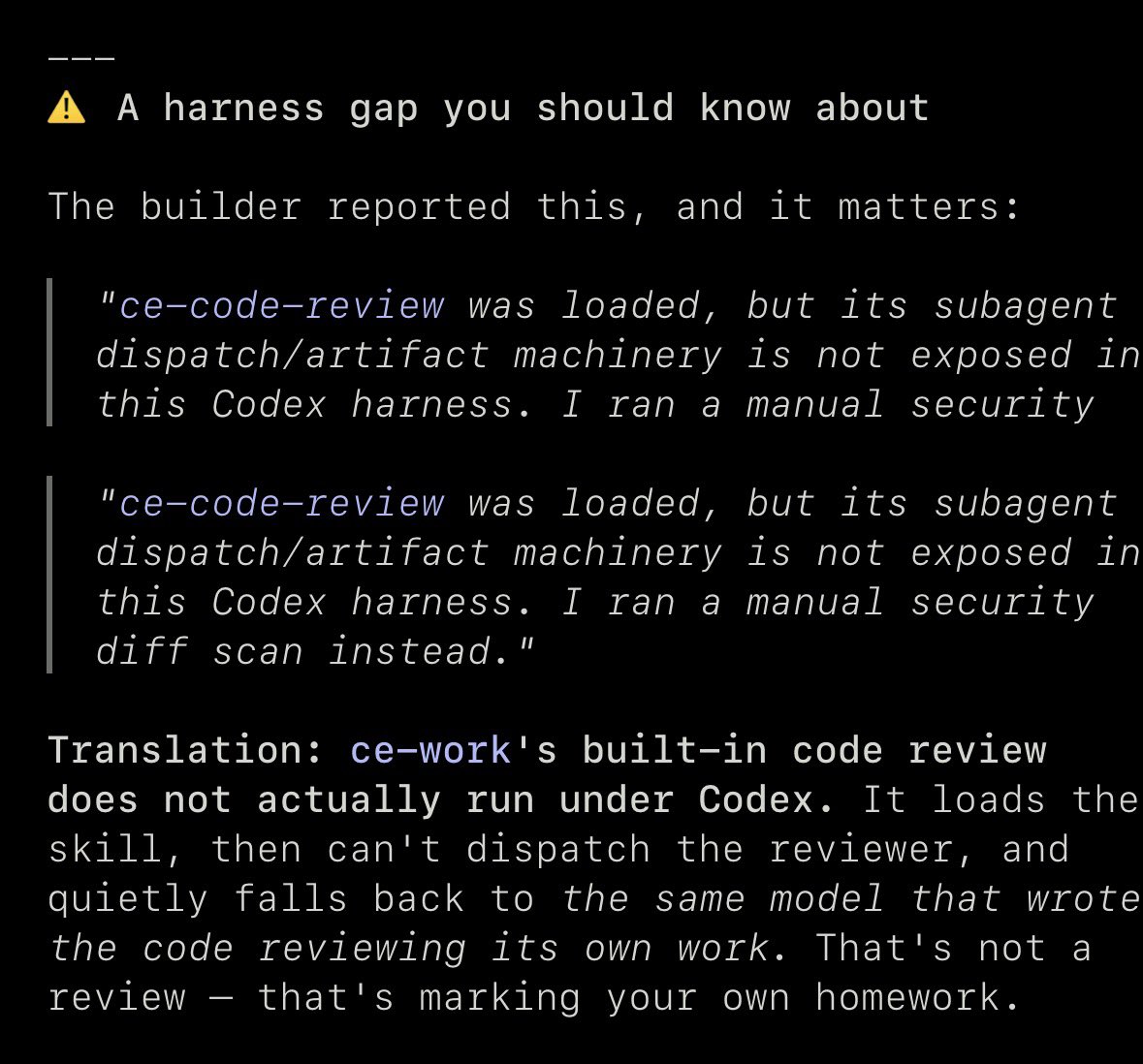 theami_'s tweet photo. Hi @trevin @kieranklaassen 

Just found this while using ce-work in my codex. do i have to manually apply the code review in codex or any other harness. In claude it was invoked without manual push. https://t.co/xyKTdJny5P