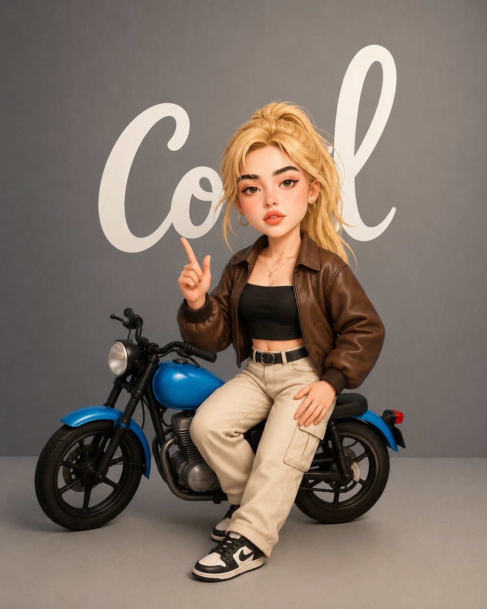 Noor_ul_ain43's tweet photo. Confidence is the best outfit. Everything else is a bonus. 🤎

Prompt ⤵️
Create a high-quality 3D chibi-style character inspired by the reference composition. Replace the male character with the blonde girl from the provided image, preserving her facial features, expressive brown eyes, soft freckles, beauty mark, and fair skin. Give her a completely new hairstyle—a voluminous messy high ponytail with loose face-framing strands. Dress her in a trendy streetwear outfit consisting of a cropped black top, oversized brown leather bomber jacket, high-waisted cream cargo pants, and black-and-white sneakers. Pose her confidently sitting sideways on a retro blue motorcycle with one finger pointing upward. Keep the oversized head, cute proportions, and premium Pixar-like 3D rendering. Use a clean gray studio background with large white handwritten "Cool" text behind her. Add soft cinematic lighting, subtle shadows, ultra-detailed textures, vibrant colors, and a polished collectible toy aesthetic in an 8K rende