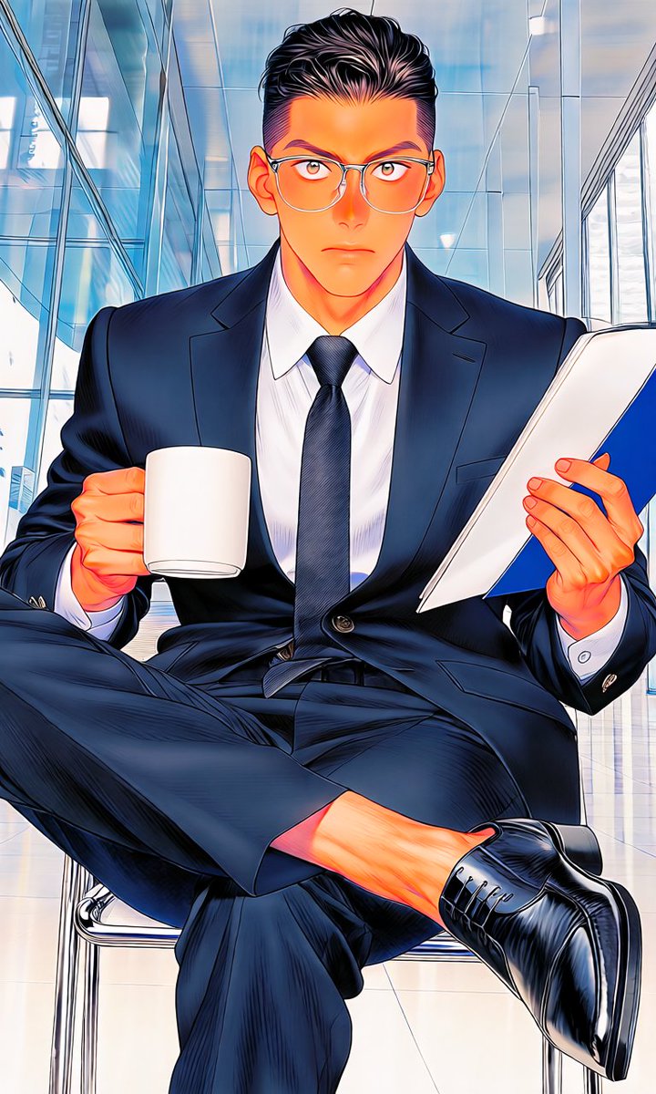 OiCLhoXau40xUBx's tweet photo. #감자표_슴슴_룩북_프롬프트

(17. 오늘의 면접관)
Wearing glasses, neat dress shirt, tie, modern suit, perfectly tidy appearance. Sitting cross-legged on simple silver metal chair inside sleek contemporary space with glass building walls. Holding mug in one hand, file folder in other. Atmosphere modern and professional, clean architectural lines, reflective surfaces. Posture relaxed yet stylish, casual elegance, professionalism. Front view, straight-on perspective, centered composition, vivid lighting