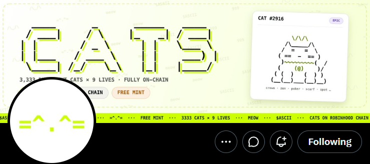 Heli_gar's tweet photo. ASCII art meets onchain culture. 
CATS is a collection of 3,333 cats made entirely from text characters. Simple, nostalgic, and genuinely crypto-native. Curious to see how @ASCIIcats_  develops from here. (=^･ω･^=) https://t.co/gGjQ5FoWme