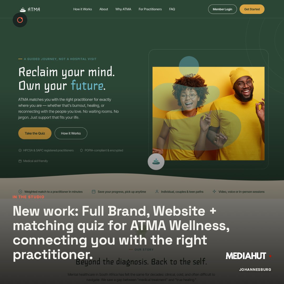 MediahutSA's tweet photo. New work: the brand, site + adaptive matching quiz for ATMA Wellness - connecting South Africans with the right mental health practitioner, not just a name on a list. Warm, guided, stone by stone.

https://t.co/fKJ56V8o46 https://t.co/fiPK0wed4y