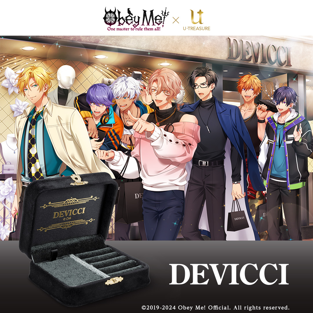 u_treasure_pr's tweet photo. 【Obey Me!】

DEVICCI アクセサリーボックス
══════════════

魔界のファッションブランド
「DEVICCI」とのコラボコレクション。

外側はシンプルでシックにまとめ
内蓋にはブランドロゴをあしらいました。

#Obeyme #おべいみー #DEVICCI