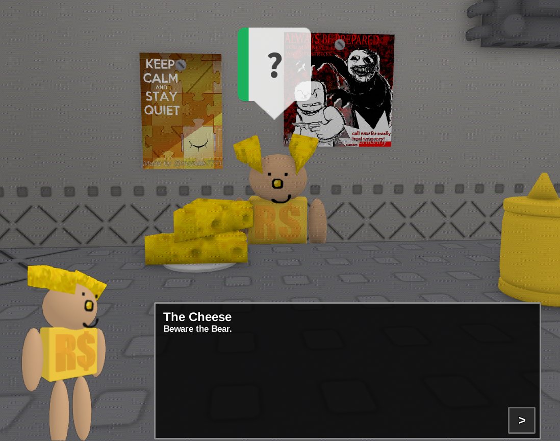 didskengupdate's tweet photo. Did any BEARSTAR game update yesterday, July 12th?
Answer: no

DAILY BEAR FUN FACT #142: The most recent update of the Roblox game "Die of Death" has 2 references to BEAR, with them being "The Cheese" NPC mentioning Bear and the "Cheese" Charm referencing the Cheese Altar puzzle https://t.co/BhmqKdcS4B