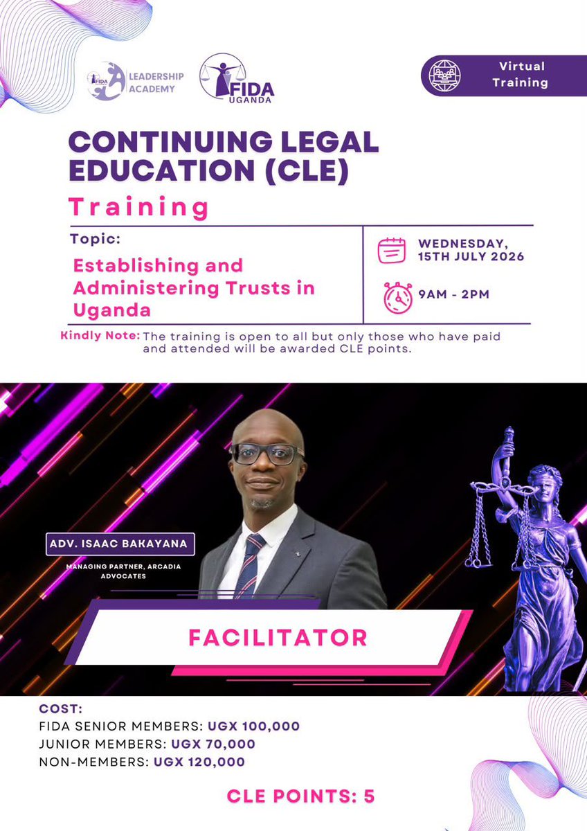 FIDA_Uganda's tweet photo. Trusts are an important legal tool for protecting assets, preserving wealth, supporting vulnerable beneficiaries, and ensuring effective estate planning. Join us for a practical and engaging virtual training on 𝐄𝐬𝐭𝐚𝐛𝐥𝐢𝐬𝐡𝐢𝐧𝐠 𝐚𝐧𝐝 𝐀𝐝𝐦𝐢𝐧𝐢𝐬𝐭𝐞𝐫𝐢𝐧𝐠 𝐓𝐫𝐮𝐬𝐭𝐬 𝐢𝐧 𝐔𝐠𝐚𝐧𝐝𝐚, where you’ll gain practical insights into the legal framework, best practices, and key considerations for creating and managing trusts.

🎓 Facilitator: @IsaacBakayana 
📌 Earn 5 CLE Points
💻 Virtual Training
🗓️ Wednesday
🕘 9:00 a.m. – 2:00 p.m.

💳 Payment Details:
📲 MTN: 151908
📲 Airtel: 4345642
☎️ For inquiries: +256 784 280915
#FIDAULeadershipAcademy