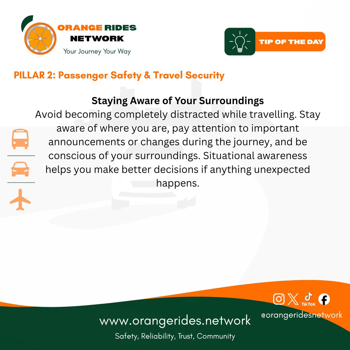 Orange_Rides's tweet photo. Smart travellers prepare before they leave and stay alert while they travel. Carry the essentials and stay aware of your surroundings.

#OrangeRidesNetwork #ORNSound #PassengerSafety #TravelSmart https://t.co/T6HbLrvGUJ
