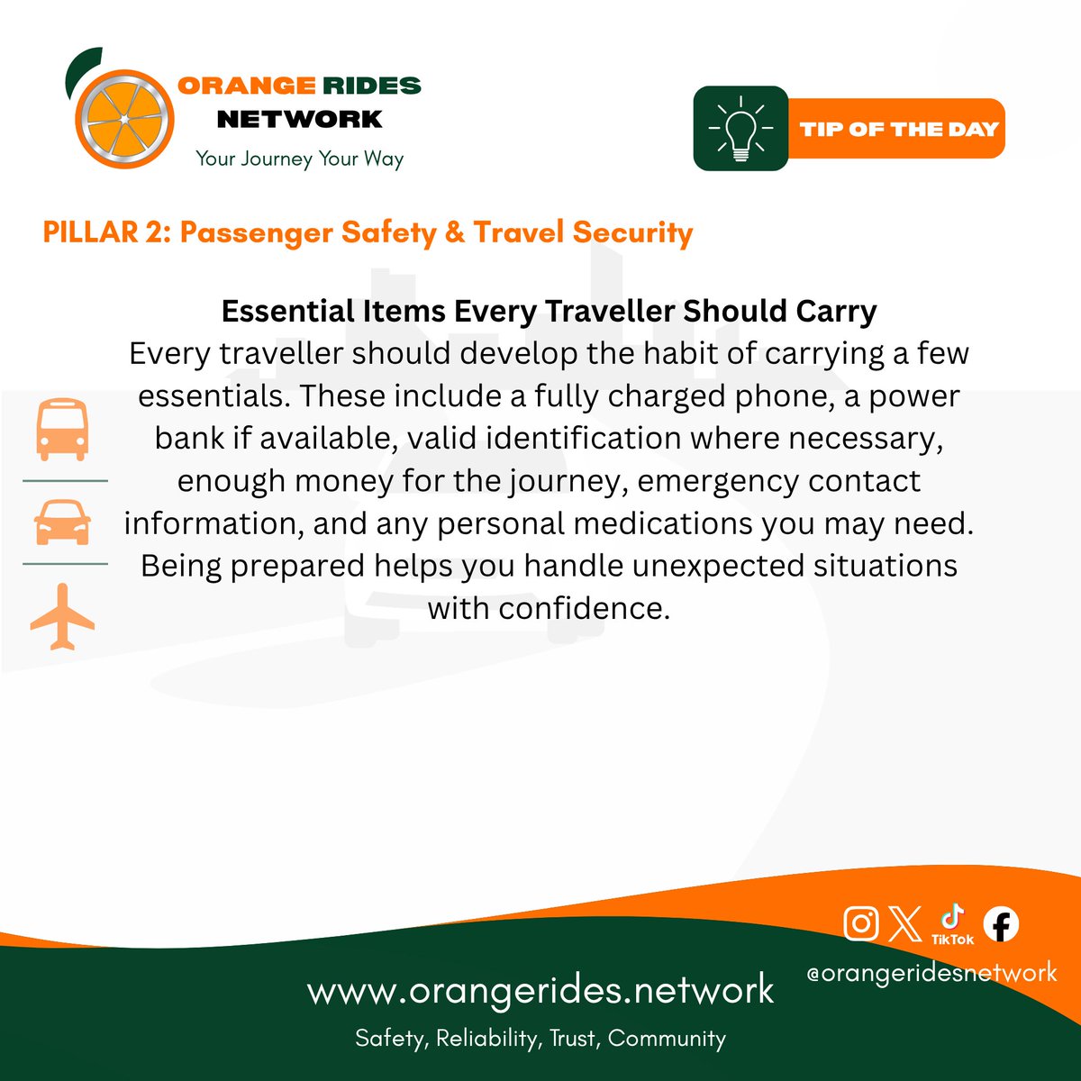 Orange_Rides's tweet photo. Smart travellers prepare before they leave and stay alert while they travel. Carry the essentials and stay aware of your surroundings.

#OrangeRidesNetwork #ORNSound #PassengerSafety #TravelSmart https://t.co/T6HbLrvGUJ