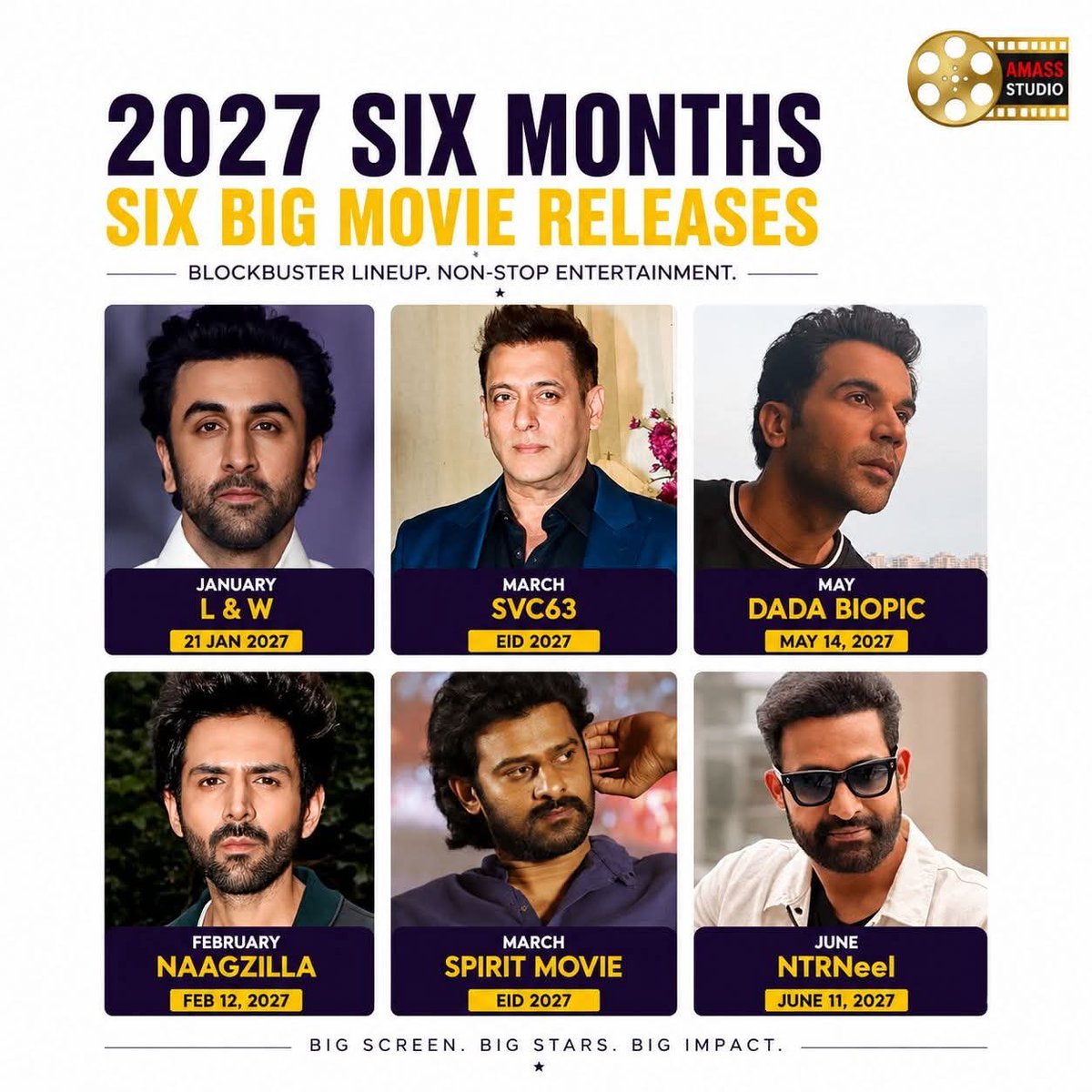 AmassStudio's tweet photo. 🎬 2027 is shaping up to be a blockbuster year!

From action-packed spectacles to powerful dramas, the first six months of 2027 are bringing some of the most anticipated releases featuring India's biggest stars.   

#AmassStudio  #UpcomingMovies #IndianCinema #Bollywood https://t.co/Junz7yiD3N