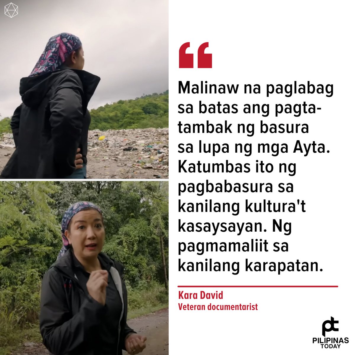 PilipinasToday_'s tweet photo. Nanindigan ang veteran journalist at documentarist na si Kara David na labag sa batas ang ginawang pagtatambak ng basura ng lokal na pamahalaan ng Subic, Zambales sa isang bundok na ancestral domain ng mga katutubong Aeta.

“Katutubo ka man o hindi, walang taong mag-aasam na gawing basurahan ang kanyang tahanan,” giit pa ni David kaugnay ng kanyang documentary sa I-Witness na “Ibinasurang Paraiso.”

#PilipinasToday
#KaraDavid
#Aeta
#AncestralDomain
#Subic #Zambales