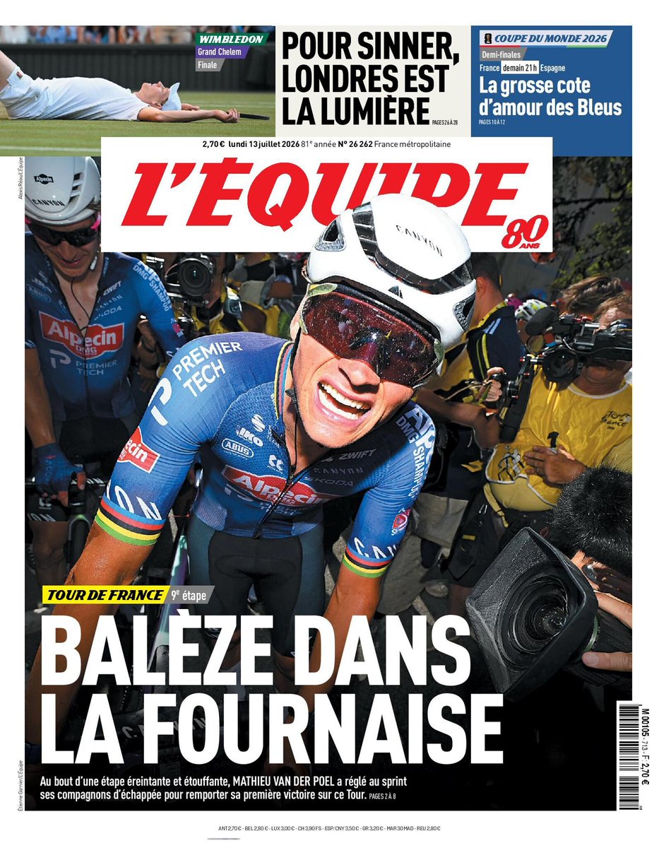 faustocoppi60's tweet photo. Mathieu van der Poel on the front page of today's L'Equipe after an epic stage victory in the furnace. 🥵
#TDF2026 https://t.co/yHOHxz8ELj