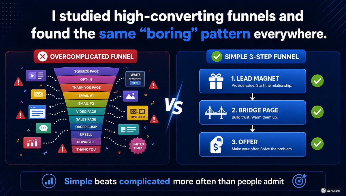 FunnelAdder's tweet photo. I studied high-converting funnels and found the same "boring" pattern everywhere.
Simple beats flashy. Less friction = more conversions.
#SalesFunnel #CRO #Marketing #LeadGeneration #DigitalMarketing  #clickfunnels #funnelbuilder https://t.co/z3XxHoEuDs