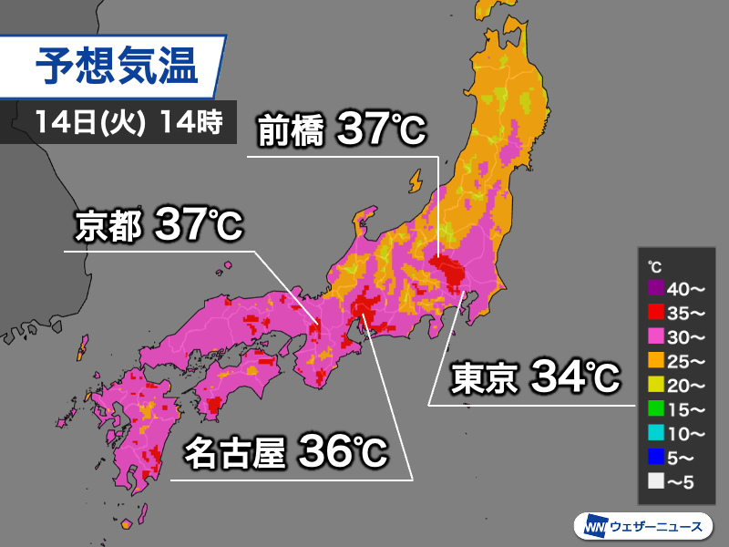 wni_jp's tweet photo. ＜明日は関東内陸部でも体温超えの暑さに＞
明日は太平洋高気圧が勢力を東日本まで拡大し、関東や東海も晴れて気温が大幅に上がる見込みです。

特に内陸部で高く、前橋市や埼玉県熊谷市などで37℃を予想しています。急な暑さで体調を崩さないようお気をつけください。
https://t.co/jIExh6J7ql https://t.co/vTw8wAGMe3