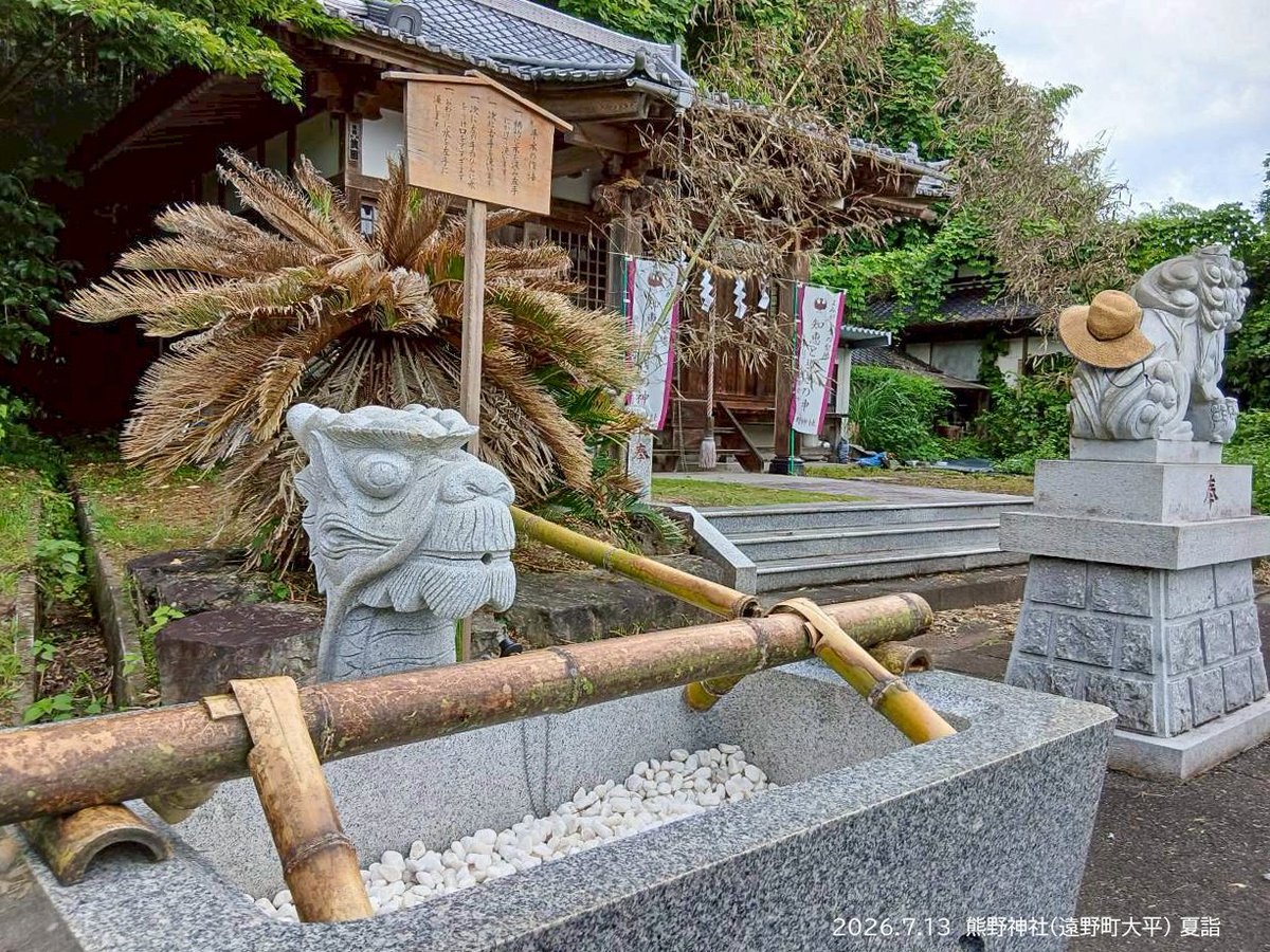 kankouiwaki's tweet photo. いわきの夏詣 ⛩️ 熊野神社(遠野町大平)

周囲に広がる青々とした稲の上を渡る風が心地よく、境内の風鈴が涼やかな音色を奏でます。
狛犬と手水舎の龍神様、なんだか親しみやすく愛らしい表情。ほのぼのとした参拝に心癒やされました。
#夏詣 https://t.co/3dxhetikRU