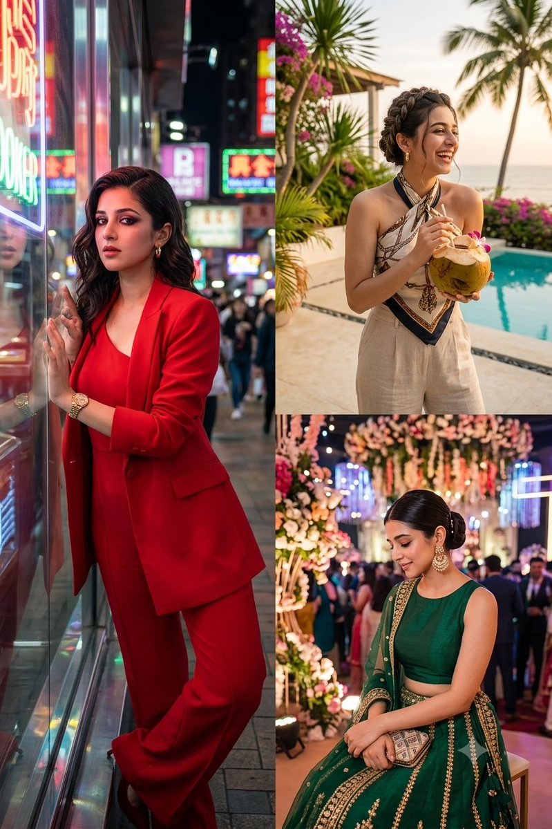 nxnusratul's tweet photo. Gemini nano Banana image. 
Prompt:

  "image_composition": {
    "layout": "Collage of three distinct scenes featuring the same female subject.",
    "style": "4k resolution, cinematic lighting, photorealistic, high detail."
  },
  "panel_1_left": {
    "subject": "Young woman with long dark wavy hair, elegant facial features.",
    "pose": "Standing, leaning against a glass storefront at night, looking towards the camera.",
    "outfit": "Vibrant red pantsuit consisting of a structured blazer and matching tailored trousers over a matching red top.",
    "accessories": "Gold wristwatch, small gold hoop earrings.",
    "setting": "Urban city street at night, illuminated by neon signs in Chinese characters and blurred city lights in the background."
  },
  "panel_2_top_right": {
    "subject": "Same young woman, joyful expression, hair styled in an intricate braided updo.",
    "pose": "Standing outdoors, holding a coconut with a straw, smiling naturally.",
    "outfit": "Silk halter-neck top with a white, navy, and gold pattern, paired with beige linen trousers.",
    "setting": "Resort or tropical poolside setting, lush green tropical plants, palm trees, golden hour lighting."
  },
  "panel_3_bottom_right": {
    "subject": "Same young woman, serene expression, hair styled in a sleek low bun.",
    "pose": "Sitting gracefully, looking down demurely.",
    "outfit": "Rich dark emerald green ethnic Indian lehenga choli with intricate gold embroidery and a matching sheer dupatta.",
    "accessories": "Large ornate gold jhumka earrings, small clutch bag.",
    "setting": "Festive indoor event, bokeh lighting from hanging fairy lights or chandeliers in the background, elegant atmosphere."
  }
}