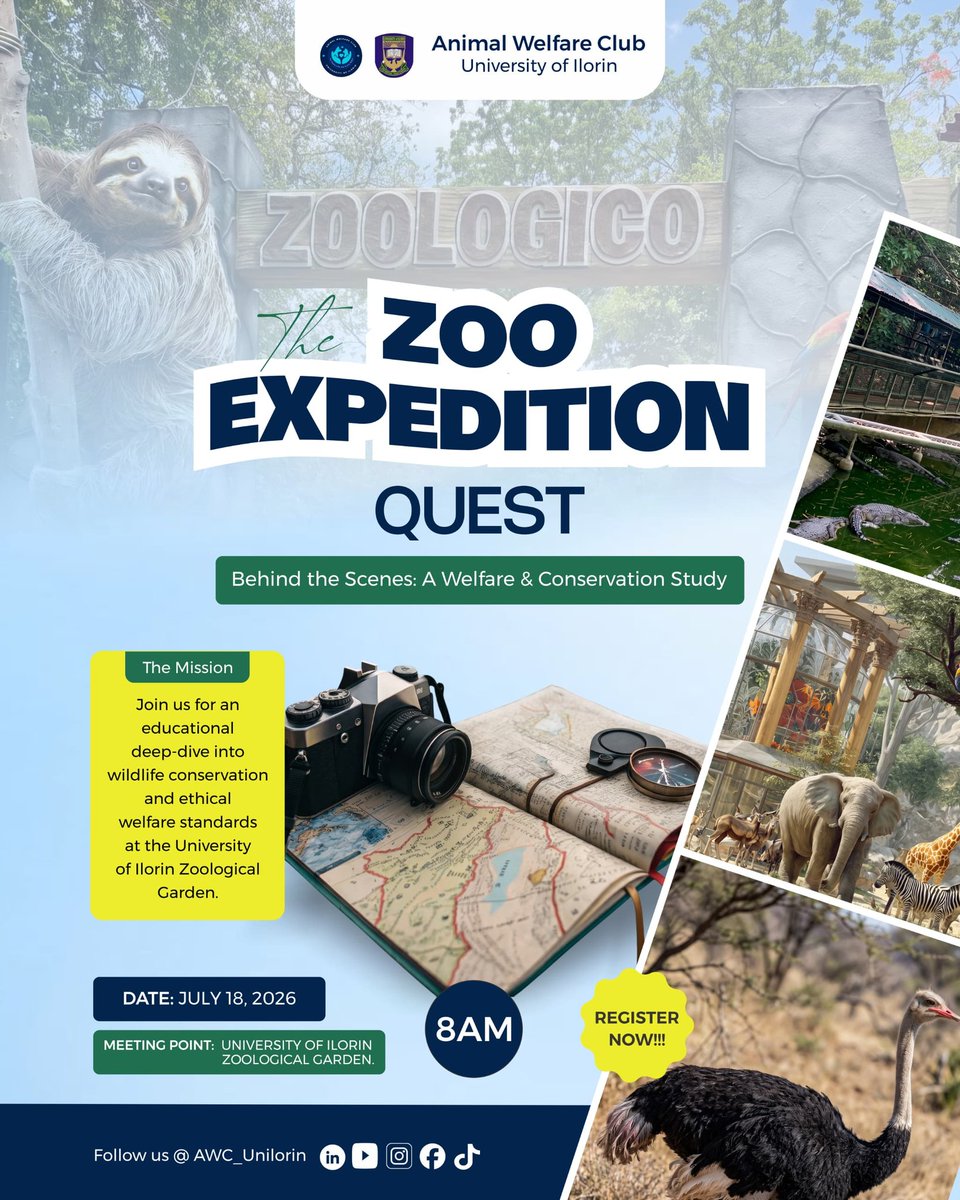 AWC_Unilorin's tweet photo. Ready for the ultimate wildlife study? 🦁🦓

The Animal Welfare Club (AWC), University of Ilorin, proudly presents: ZOO EXPEDITION QUEST: Behind the Scenes: A Welfare and Conservation Study. https://t.co/N5aDaX5xss