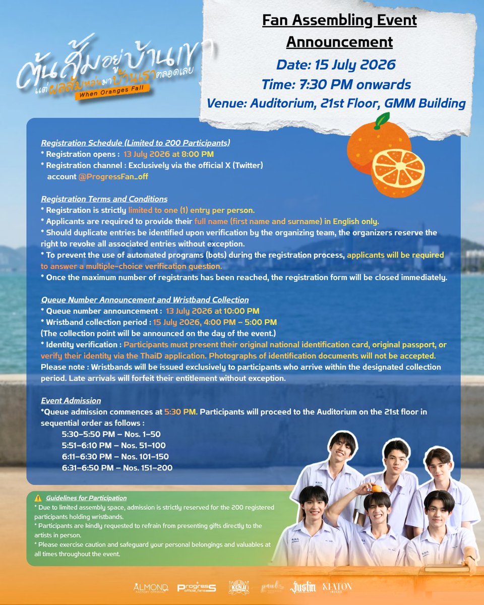 Justingalleryof's tweet photo. @ProgressFan_off 🌳🍊  #WhenOrangesFall EP10 🍊🌳

🗓️ Date: July 15, 2026

🔖 Registration Details (via Google Form)
🗓️ Registration Opens: July 13, 2026
⏰ Time: 8:00 PM (GMT+7)
📍 Registration Link Announcement: X (Twitter) @ProgressFan_off only

#WhenOrangesFall #justinmmoir https://t.co/kD1YKHJnak