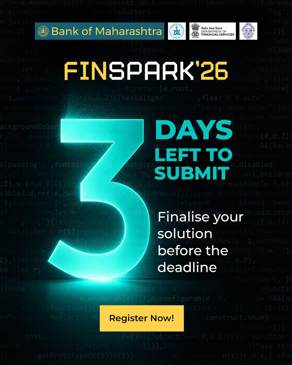 mahabank's tweet photo. FinSpark'26 submissions close in 3 days.
Review your solution summary, prototype/demo link, supporting documents and team details before submitting.
Submit here: https://t.co/0h3UAmECn7
#FinSpark26 #SubmitNow #HackathonDeadline #CybersecurityChallenge https://t.co/hViCeaiMtR