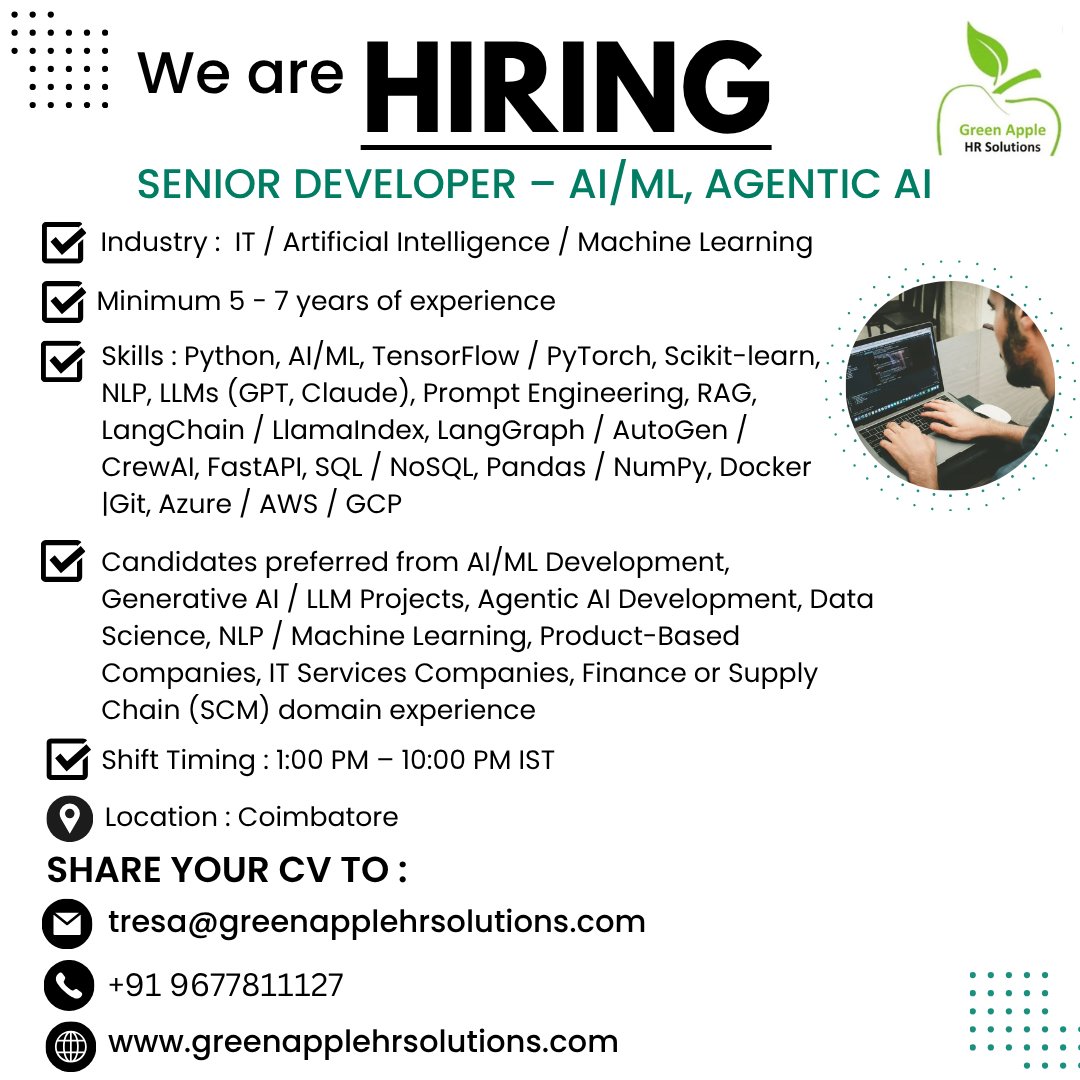 greenapplehr's tweet photo. We are looking for a SENIOR DEVELOPER - AI/ML, AGENTIC AI with 5 - 7 years of experience

Click here to apply : https://t.co/X3LKdvkV1L

#greenapplehrsolutions #machinelearning #artifialintelligence #seniorrdeveloper #claude #wearehiring #Pandas #Sql #supplychainfinance https://t.co/qwvgwFKlYc