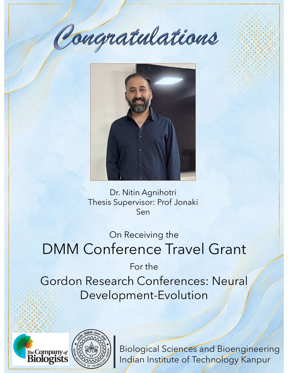 BSBEIITK1's tweet photo. Congratulations to Dr. Nitin Agnihotri on being awarded the Disease Model &amp; Mechanisms (DMM) Conference Travel Grant ! Dr. Agnihotri completed his PhD under the mentorship of Prof. Jonaki Sen.
🔗 Link: https://t.co/71jusVB6ar
#DMMgrants #GRC #IITKanpur @mfcem_iitk @DMM_Journal https://t.co/QgEeD0pGen