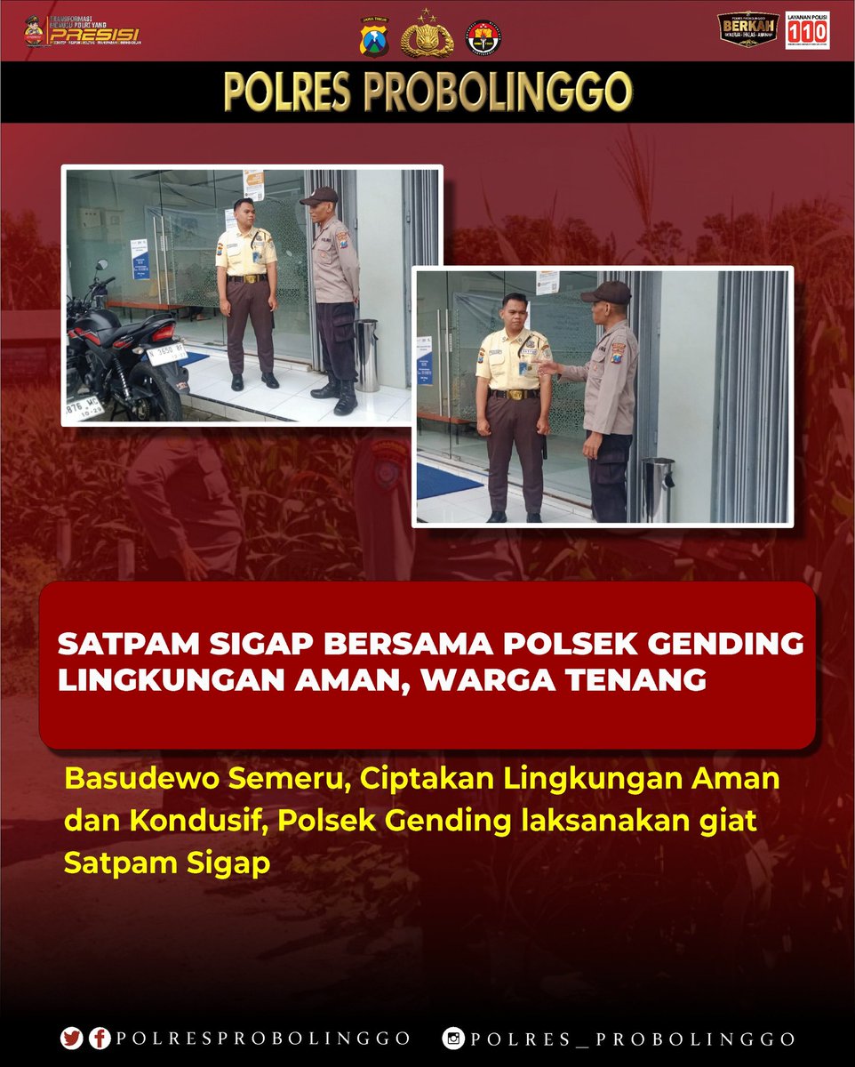 PolsekTiris01's tweet photo. *SATPAM SIAP, LINGKUNGAN AMAN, MASYARAKAT NYAMAN*

Dalam upaya memperkuat sistem keamanan di lingkungan kerja dan fasilitas publik, Polsek Gending melaksanakan kegiatan Satpam Siap sebagai bentuk sinergi bersama satuan pengamanan (Satpam) dalam menjaga situasi kamtibmas yang aman https://t.co/35dCQ1pBwU