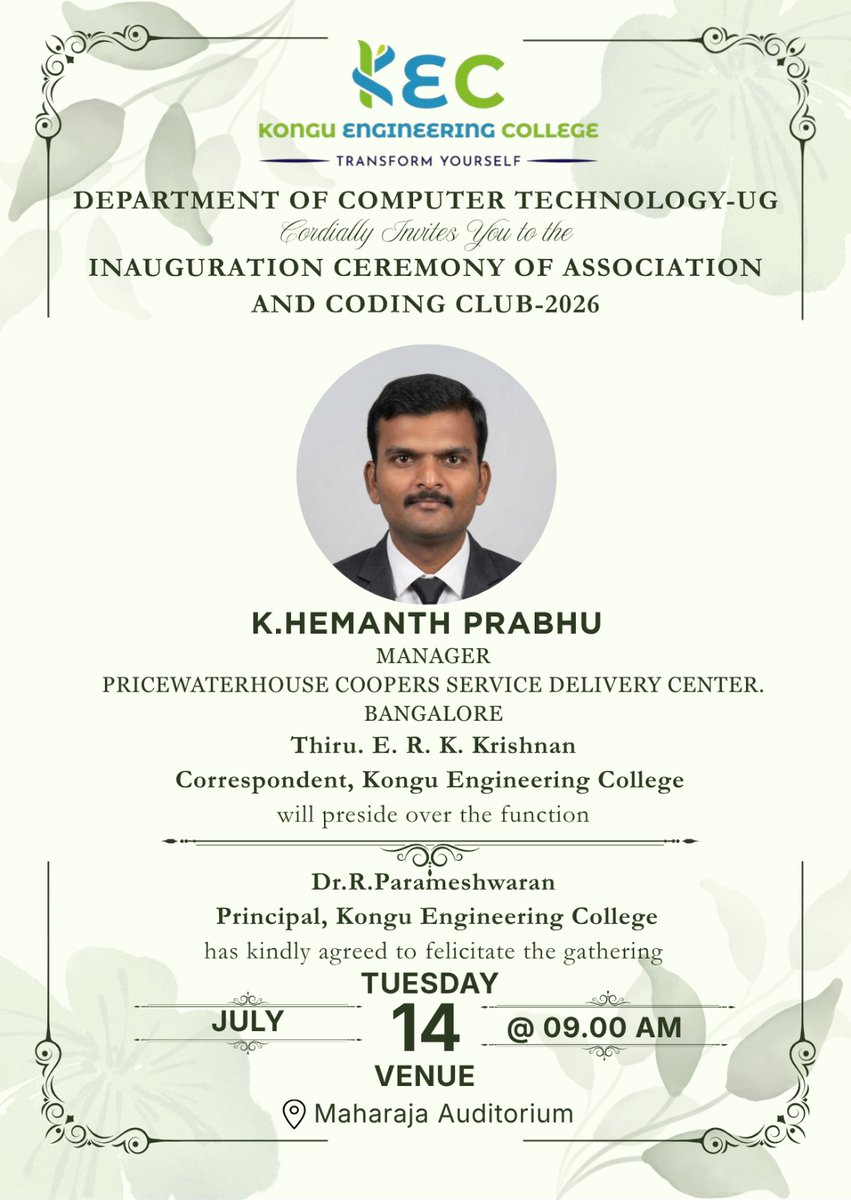 KonguOfficial's tweet photo. The Department of Computer Technology (UG) proudly inaugurates the Association & Coding Club 2026—a platform where passionate minds collaborate, innovate, and build the future through technology.
Date : 14.07.2026
#kec #bsc #ctug https://t.co/2hUSE36s3m
