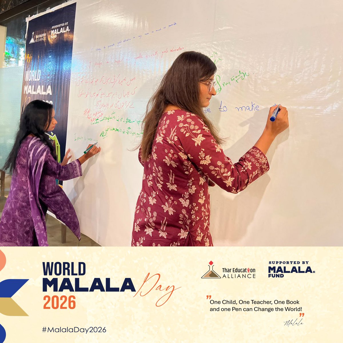 TharEduAlliance's tweet photo. On World Malala Day, girls and young Champions for Change from Tharparkar turned a simple pledge wall into a powerful symbol of hope writing their dreams, their commitments, and their vision for a future where every girl has the freedom to learn, lead and thrive.

Because every promise written today is a step towards the change they want to see tomorrow.

#MalalaDay2026
