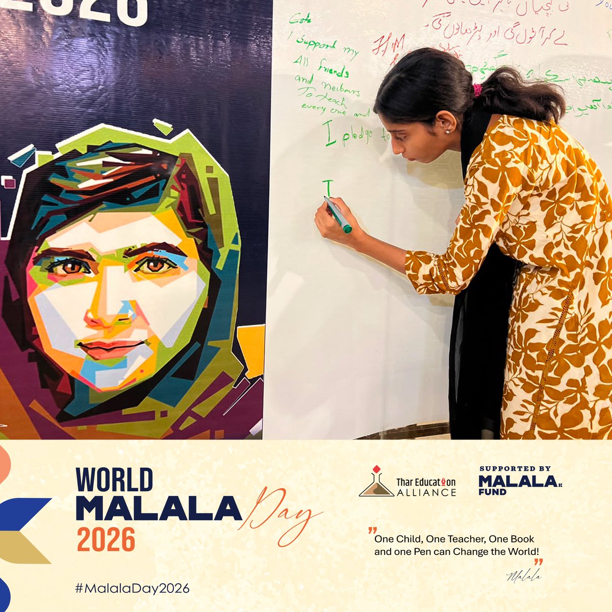 TharEduAlliance's tweet photo. On World Malala Day, girls and young Champions for Change from Tharparkar turned a simple pledge wall into a powerful symbol of hope writing their dreams, their commitments, and their vision for a future where every girl has the freedom to learn, lead and thrive.

Because every promise written today is a step towards the change they want to see tomorrow.

#MalalaDay2026