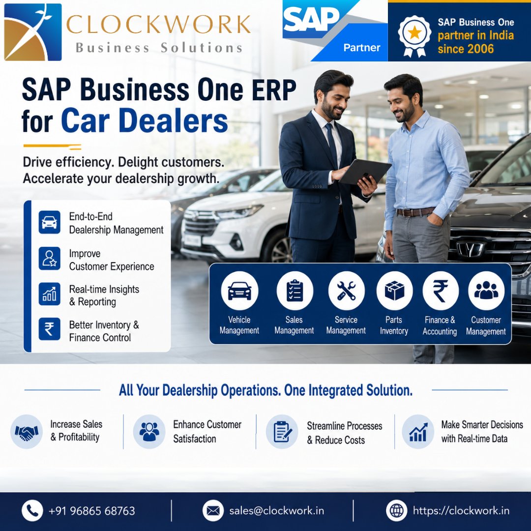 Clockwork2013's tweet photo. Digitize your automobile dealership business with SAP Business One from Clockwork
📞 +91 96865 68763
📧sales@clockwork.in
🌐Clockwork
#SAPBusinessOne #CarDealerERP #AutomobileDealership #AutomotiveERP #VehicleInventory #CRM #SparePartsManagement #GSTAccounting #ClockworkERP https://t.co/KjyGus17rn