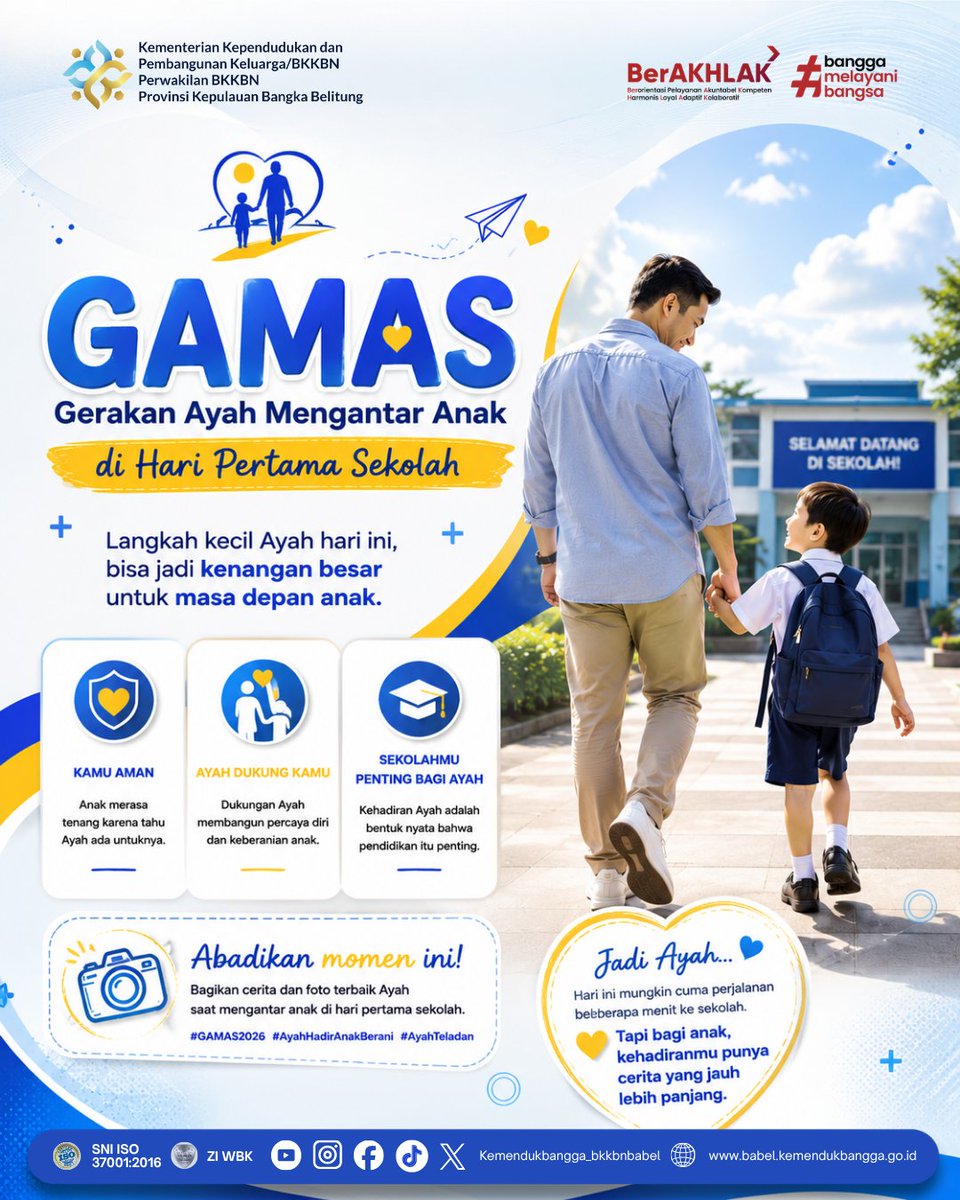 BabelBkkbn's tweet photo. Hari pertama sekolah adalah momen berharga. Yuk, sukseskan Gerakan Ayah Mengantar Anak di Hari Pertama Sekolah (GAMAS) dengan hadir mengantar buah hati ksekolah. Kehadiran Ayah memberi rasa aman, semangat, dan kepercayaan diri bagi anak.

📸 Bagikan momenmu dan sebarkan inspirasi https://t.co/LPSQdZ1cN4