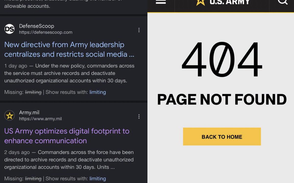 WTFNationRadio's tweet photo. So we decided to give a quick Google search about the @USArmy limiting their social media accounts and when you go to click on their link…. 404 Not Found imagine that. https://t.co/XavVd1aJkn