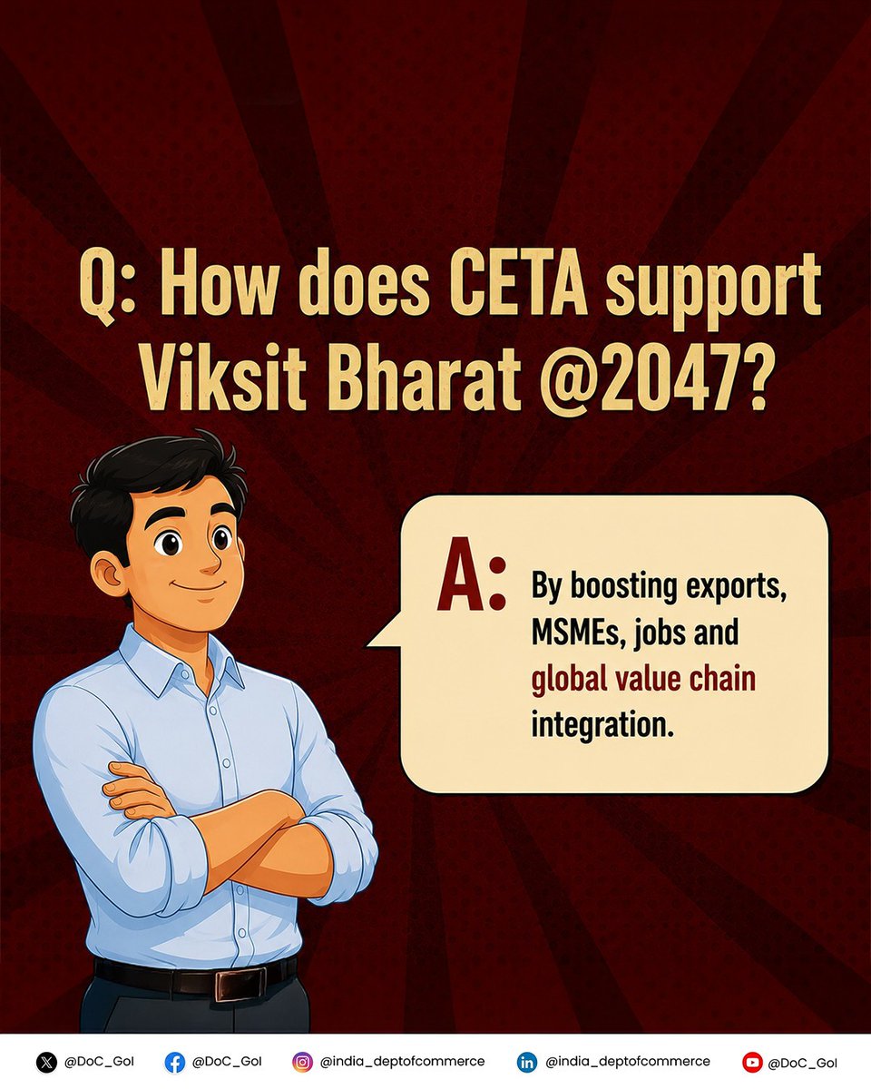DoC_GoI's tweet photo. The India–UK Comprehensive Economic and Trade Agreement (CETA) will enter into force on 15th July 2026, marking a new phase in India’s economic diplomacy.

By providing zero-duty access for nearly all of India’s exports to the UK and expanding opportunities across goods and services, CETA is expected to enhance the competitiveness of Indian exporters, strengthen integration with global value chains, and support the vision of Viksit Bharat 2047.

#IndiaUKCETA #ViksitBharat2047 #Exports #GlobalTrade #DoC_Gol @PIB_India @RajeshAgrawal94