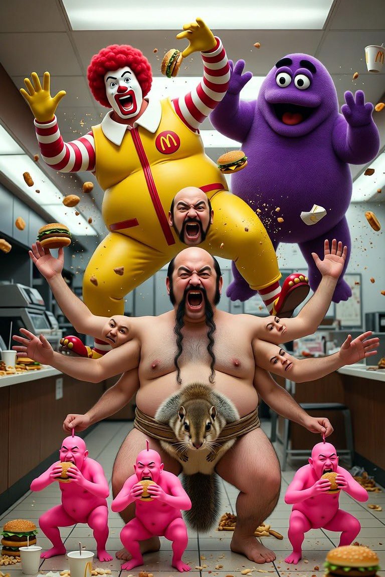 combatzandig's tweet photo. 長い手足で全身が蛍光ピンクの小型ちくわぶ大将軍四体を腹の上に乗せて逆さにブリッジをしながら全ての顔の口でビッグマックをむさぼり食いながら客を威嚇していると、突然天井から身長2.5メートルで異常に太った巨体のロナルド・マクドナルドとグリマスが連続して降ってきてちくわぶ大将軍
 #怪奇AI https://t.co/LBDMgW5OcK