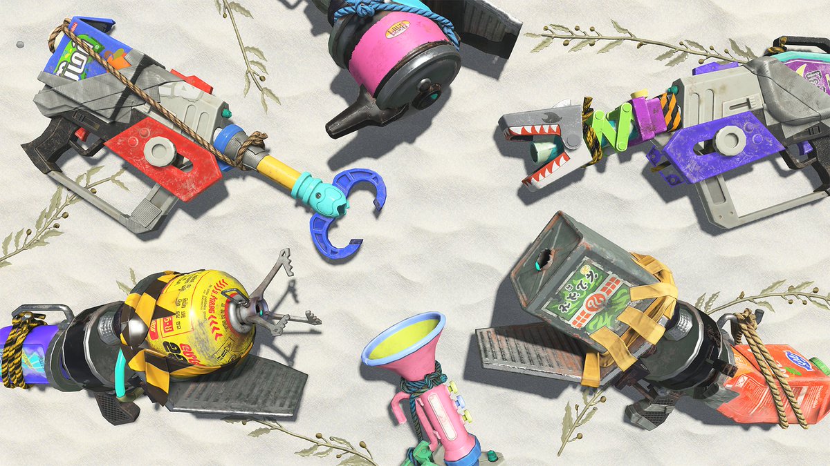 SplatoonJP's tweet photo. これらは「ブラスター」。
空中で爆発するインクを発射するブキだ。
広い範囲を攻撃できるので、多くのシャケを爆風に巻き込むように撃つのがポイントだぞ。 https://t.co/0Xb0VwuRIg