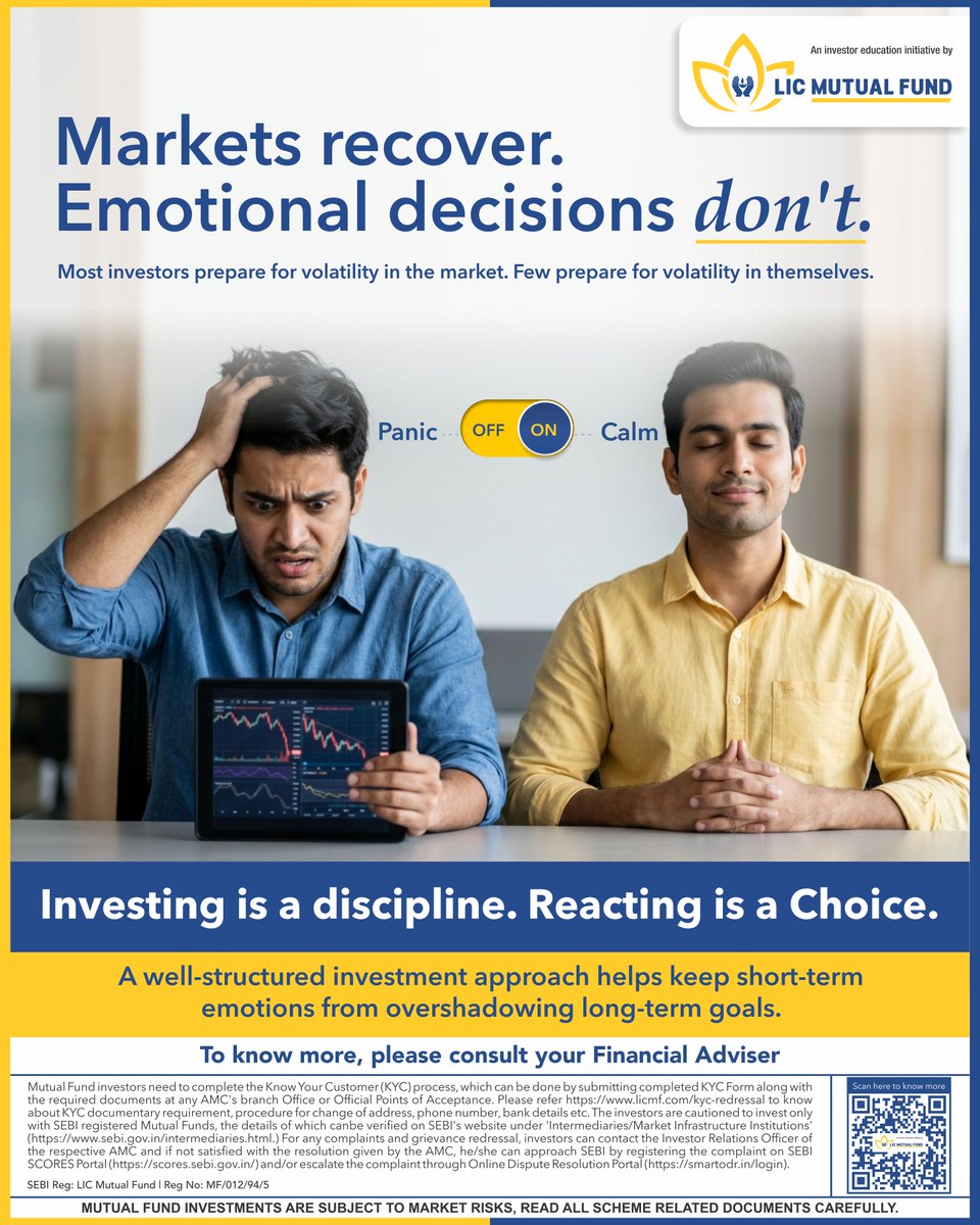 licmutual's tweet photo. 📉 The biggest risk to investing isn't always market volatility. Sometimes, it's our reaction to it.
✅ Discipline over Panic.
📈Consistency over Timing.
🎯Stay focused on long-term goals.
#LICMF #InvestorAwareness #BehaviouralFinance #MutualFundSahiHain https://t.co/G3zlhcZSWj
