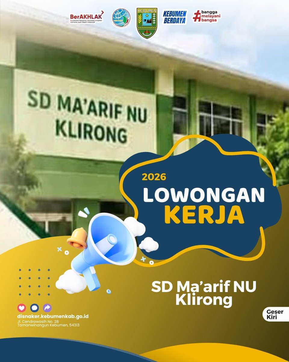 DisnakerKebumen's tweet photo. — Update Info Loker 2026 —
Hai #SahabatKerja 👋✨
Loker terbaru sudah tersedia di Disnaker Kebumen!
---------------------------------
🏢 : SD Ma'arif NU Klirong
Kirim Lamaran:
Email : sdmaarifex@gmail.com
CP : 081390445636 https://t.co/jkmArVlqSa
