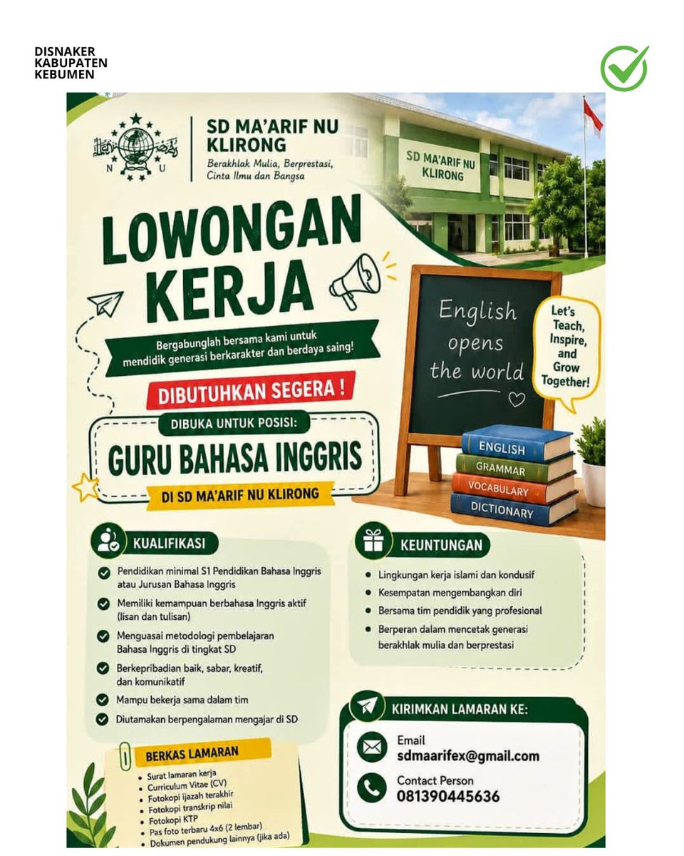 DisnakerKebumen's tweet photo. — Update Info Loker 2026 —
Hai #SahabatKerja 👋✨
Loker terbaru sudah tersedia di Disnaker Kebumen!
---------------------------------
🏢 : SD Ma'arif NU Klirong
Kirim Lamaran:
Email : sdmaarifex@gmail.com
CP : 081390445636 https://t.co/jkmArVlqSa