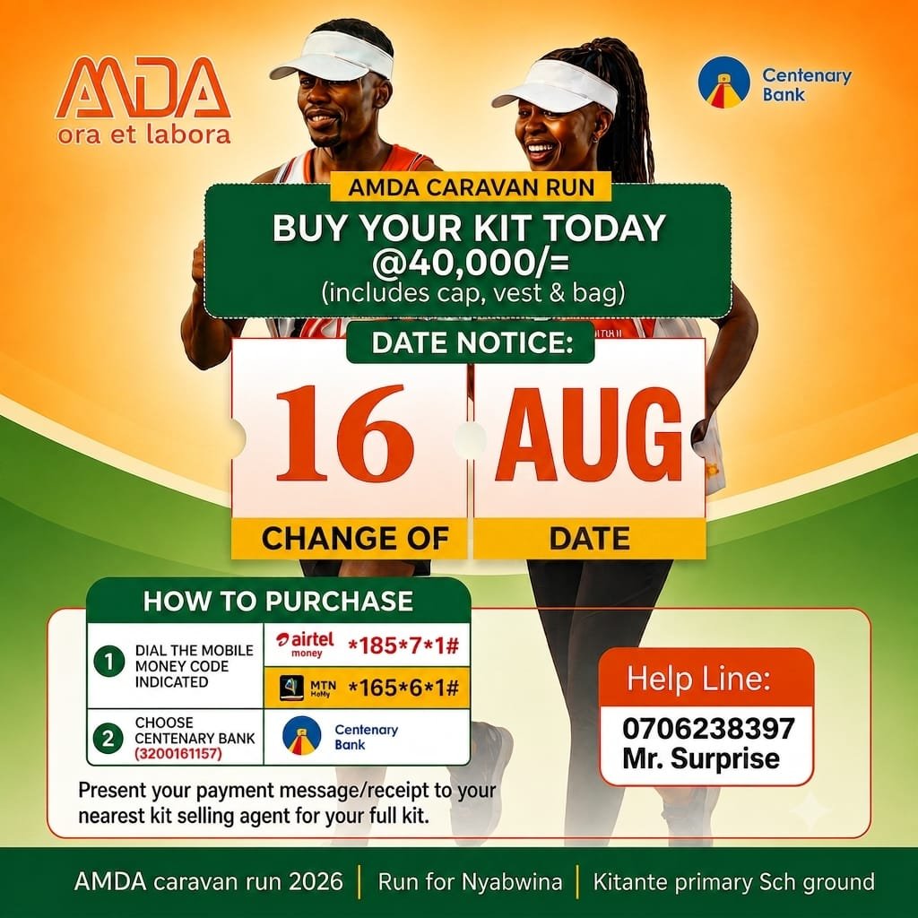 AMDAUganda's tweet photo. Change in Run date.
We bring you greetings from AMDA
Please note that the #AMDACaravanRun dates have changed from 9th August to 16th August 2026.
The venue, start time, routes, kit fee remain the same.
Purchase your kit today and be part of the run as we build moment to #AMDACaravan2026 to Nyabwina Parish.