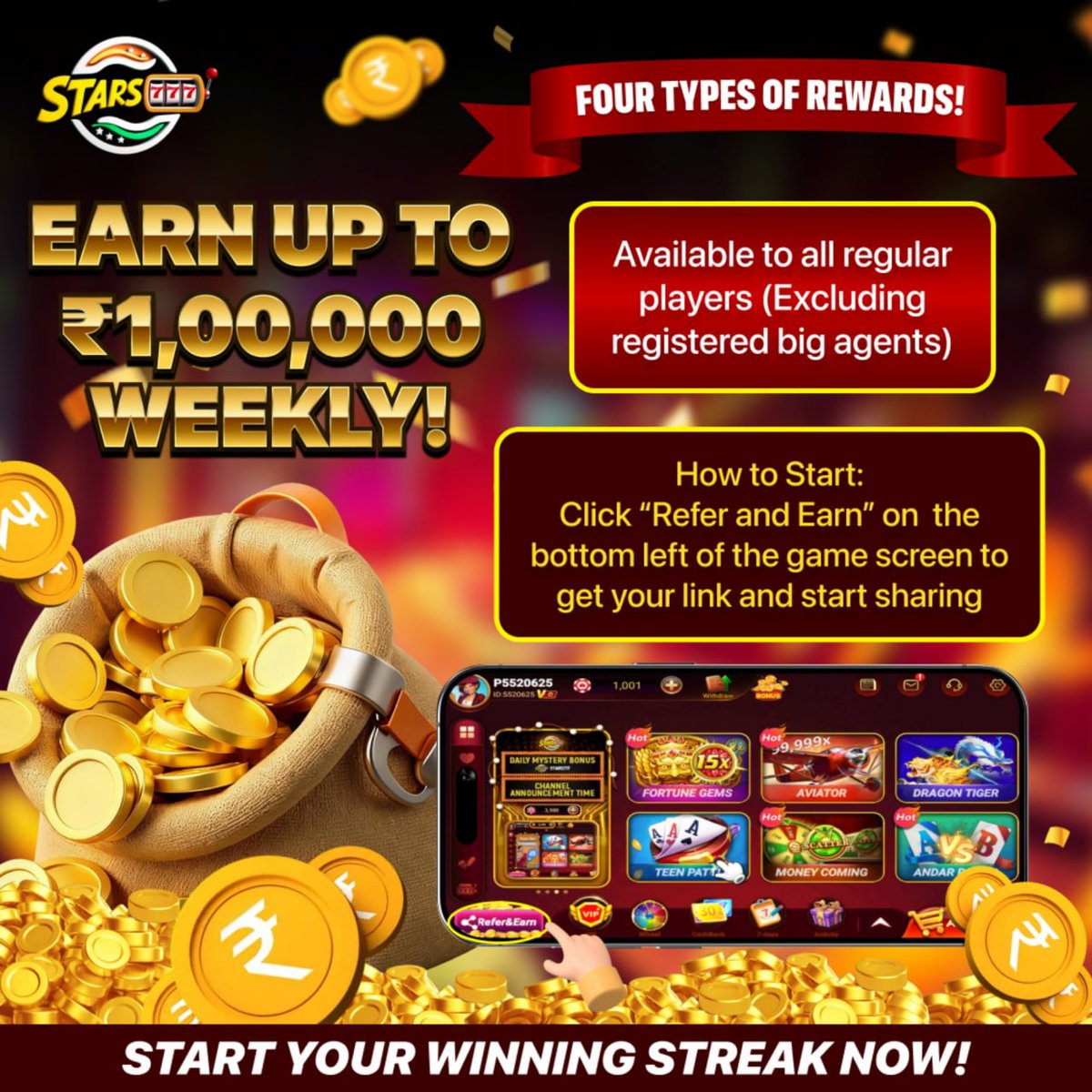 Stars777India's tweet photo. 💸 Turn Your Network Into Rewards! 🔥

Invite friends to Stars777 and earn as your team grows.

👥 Refer
💰 Earn
🏆 Grow
🚀 Earn up to ₹1,00,000 in referral rewards!

🎮 https://t.co/dyrgypv8rP

#Stars777 #ReferAndEarn #EarnMore https://t.co/3NAwqNqG9x