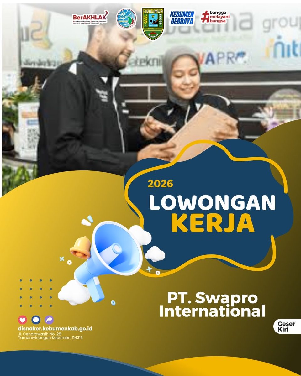 DisnakerKebumen's tweet photo. — Update Info Loker 2026 —
Hai #SahabatKerja 👋✨
Loker terbaru sudah tersedia di Disnaker Kebumen!
---------------------------------
🏢 : PT. Swapro International 
Posisi :
1. Collection Officer
------------------------
Kirim Lamaran:
Email : pickebumen.swapro@gmail.com https://t.co/1XxdbbCzlh
