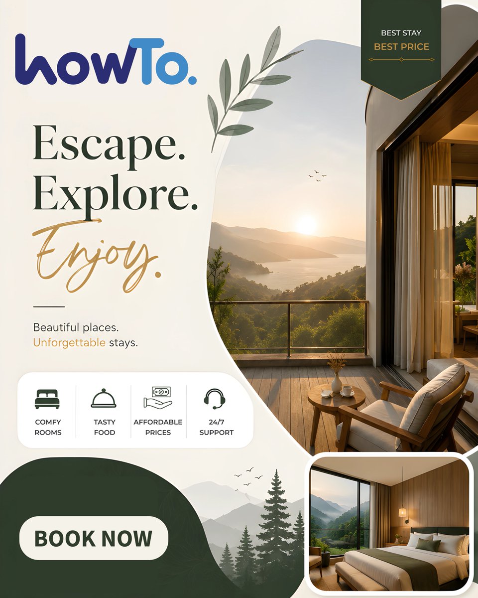 HowTo_Travels's tweet photo. Your perfect vacation begins with the perfect stay. Relax in beautifully rooms, explore scenic destinations, and enjoy hospitality. Book now for an unforgettable travel experience. HowTo helps you discover extraordinary destinations with comfortable stays at the best prices. https://t.co/76oU5Q3Dtq