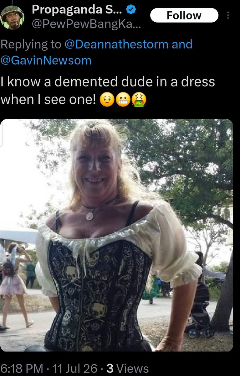 Deannathestorm's tweet photo. @PewPewBangKaPow @GavinNewsom 🤣 @PewPewBangKaPow you respond with with an insult and then block me? 😂 Coward.
Am I demented? Maybe. 
Am I a dude? Nope!
But, apparently I'm more of a man than you are! 😂🤣 https://t.co/FTw588UWkS
