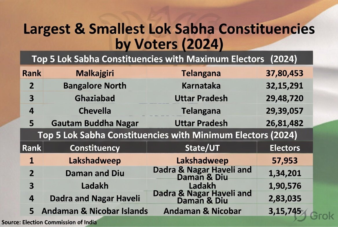 AnshMavani's tweet photo. Bharat’s Broken Electoral Math. . . 

Malkajgiri (Telangana) has 37.8 lakh voters. 
Lakshadweep has just 58k. 

One vote in Lakshadweep is worth 65 times more than one in Malkajgiri. 

Is This democracy? No, It’s electoral fraud. (By Its Design)

This massive disparity isn’t at all -- North vs South. 

Dakshin Bharat also has Giant Urban seats like Bangalore North (32 lakh) & Chevella (29 lakh) & Others. 

The entire political map is Outdated and Unfair to growing populations.

@RahulGandhi with Opposition screams Jitni Abaadi, Utna Haq Almost daily. 

But the moment Delimitation was / gets mentioned sudden silence & gets criticized. 

Hypocrisy level: Expert. As Always....

It's Time to redraw the Political Map. 

Delimitation NOW. 

One person, one vote must actually mean something.

We deserve fair representation, not frozen 1970s logic.
#Delimitation #OnePersonOneVote