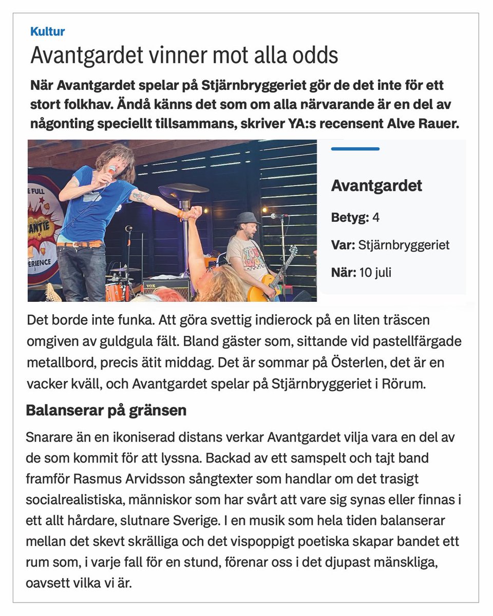 RalleArvid's tweet photo. Superfin recension i Ystads allehanda. Och framförallt fint fångat exakt den där känslan vi ska försöka skapa på lördag på Öland på Hökarboden då det är fri entré utan åldersgräns på en hamnplan. Perfekta förutsättningar för indierock UTAN soundcheck. https://t.co/dLx67c1tNT
