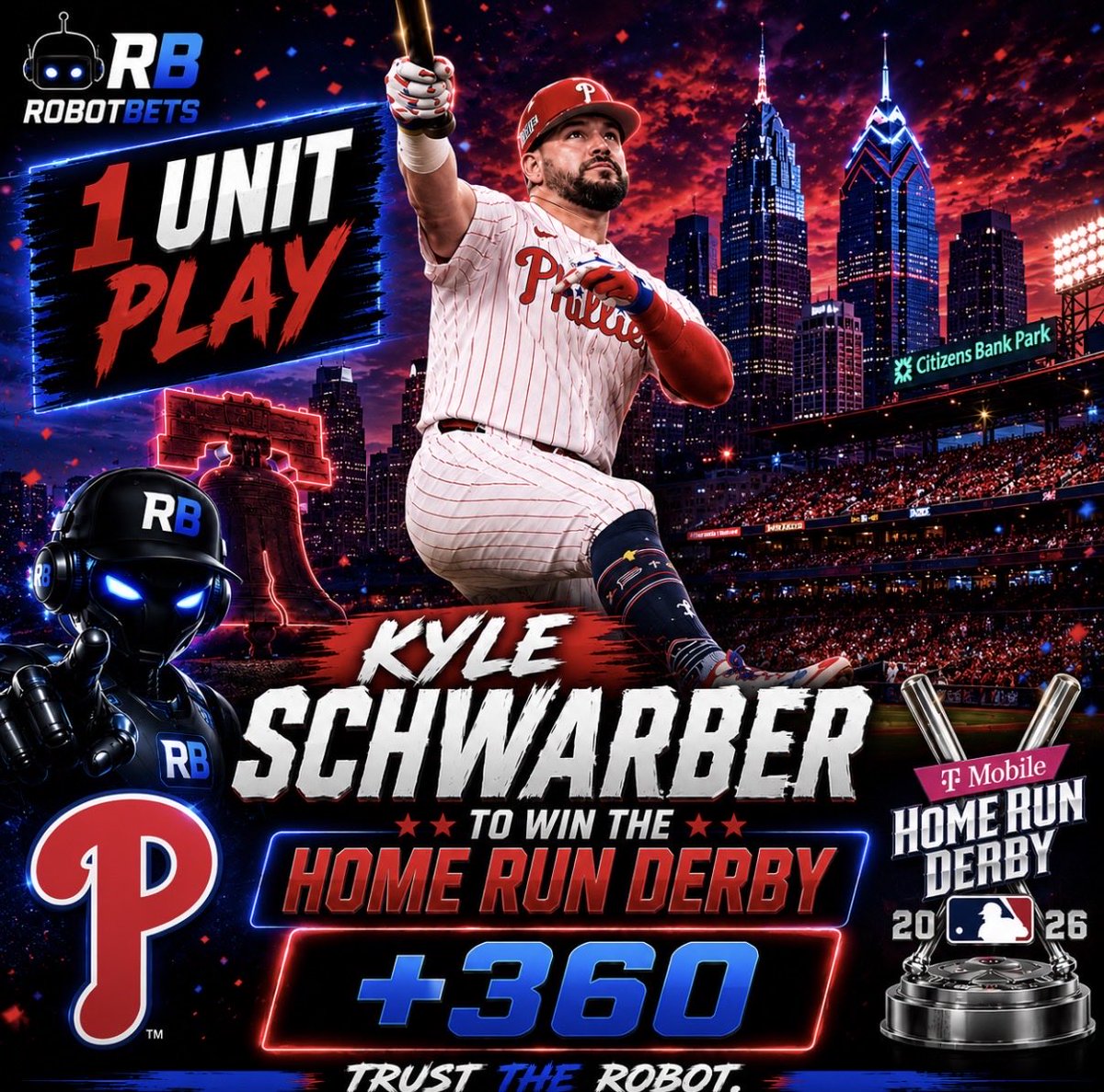 RobotBets's tweet photo. 🤖 HOME RUN DERBY PICK

🏆 Kyle Schwarber (+360)

⭐️ 1 Unit

Let’s swing for the fences.

TRUST THE ROBOT. ⚾️💸 https://t.co/klVnMFOcRP